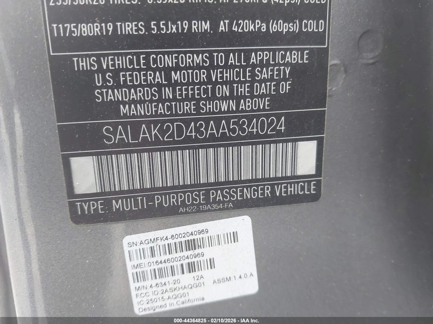 2010 Land Rover Lr4 VIN: SALAK2D43AA534024 Lot: 44364825