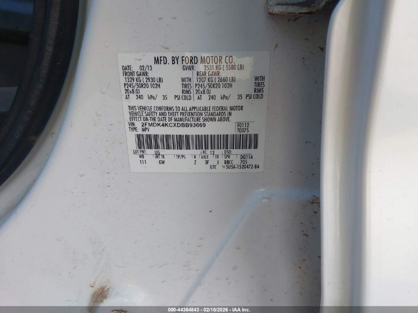 2013 Ford Edge Limited VIN: 2FMDK4KCXDBB93669 Lot: 44364843