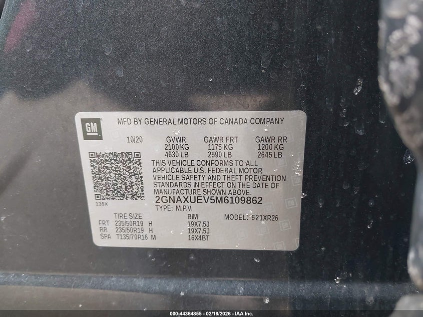 2021 CHEVROLET EQUINOX VIN: 2GNAXUEV5M6109862