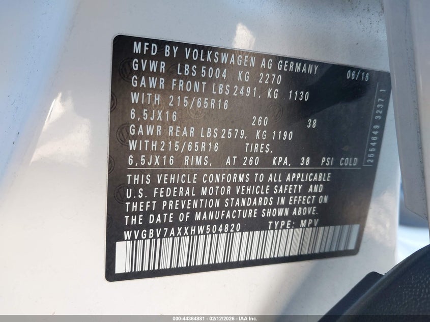 2017 Volkswagen Tiguan 2.0T S VIN: WVGBV7AXXHW504820 Lot: 44364881