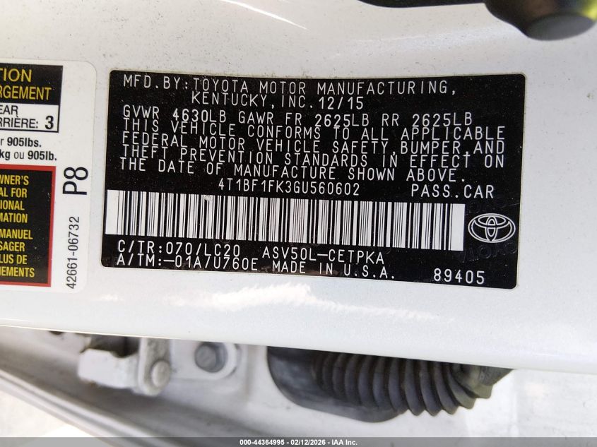 2016 Toyota Camry Xse VIN: 4T1BF1FK3GU560602 Lot: 44364995