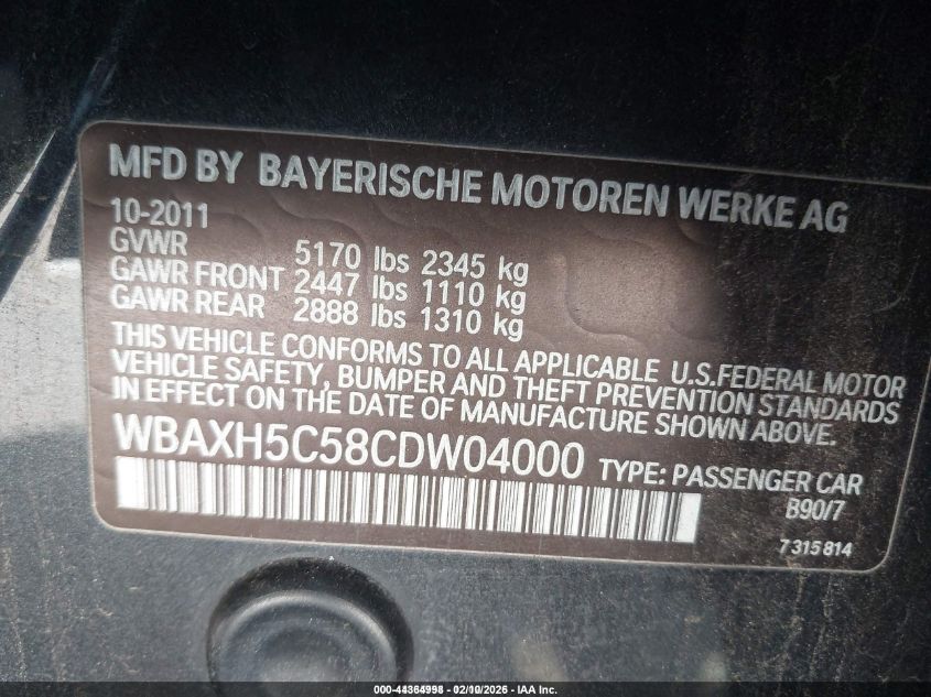 2012 BMW 528I xDrive VIN: WBAXH5C58CDW04000 Lot: 44364998
