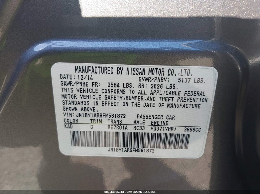 2015 Infiniti Q70 3.7X VIN: JN1BY1AR9FM561872 Lot: 44365043