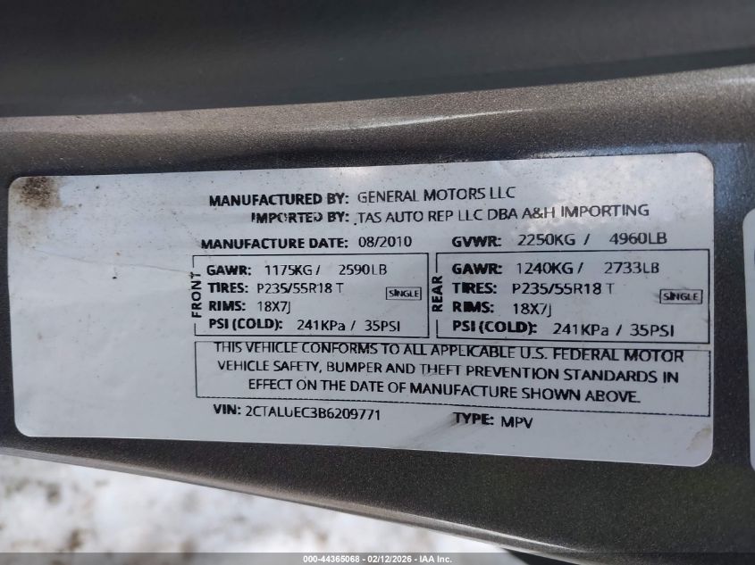 2011 GMC Terrain Slt-1 VIN: 2CTALUEC3B6209771 Lot: 44365068