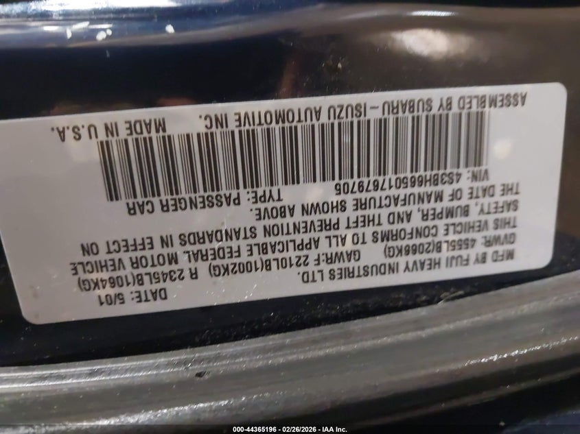 2001 Subaru Outback VIN: 4S3BH665017679705 Lot: 44365196