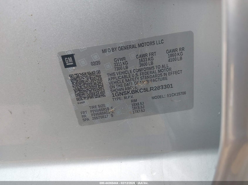 2020 Chevrolet Tahoe 4Wd Lt VIN: 1GNSKBKC5LR283301 Lot: 44365444