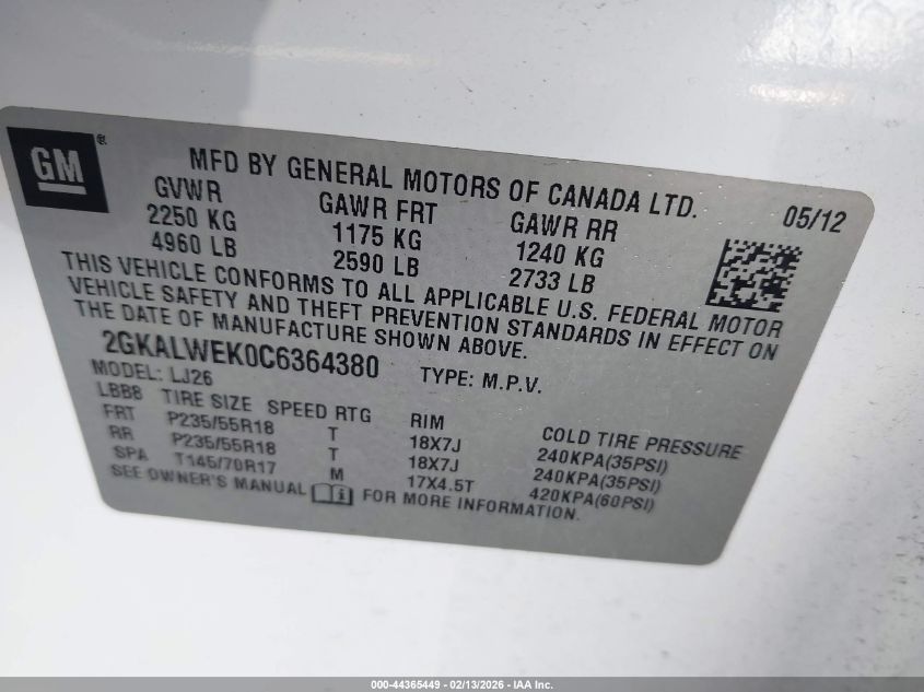 2012 GMC Terrain Slt-2 VIN: 2GKALWEK0C6364380 Lot: 44365449