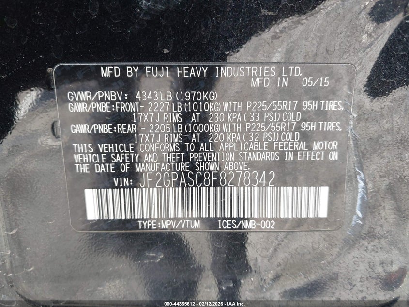 2015 Subaru Xv Crosstrek 2.0I Limited VIN: JF2GPASC8F8278342 Lot: 44365612