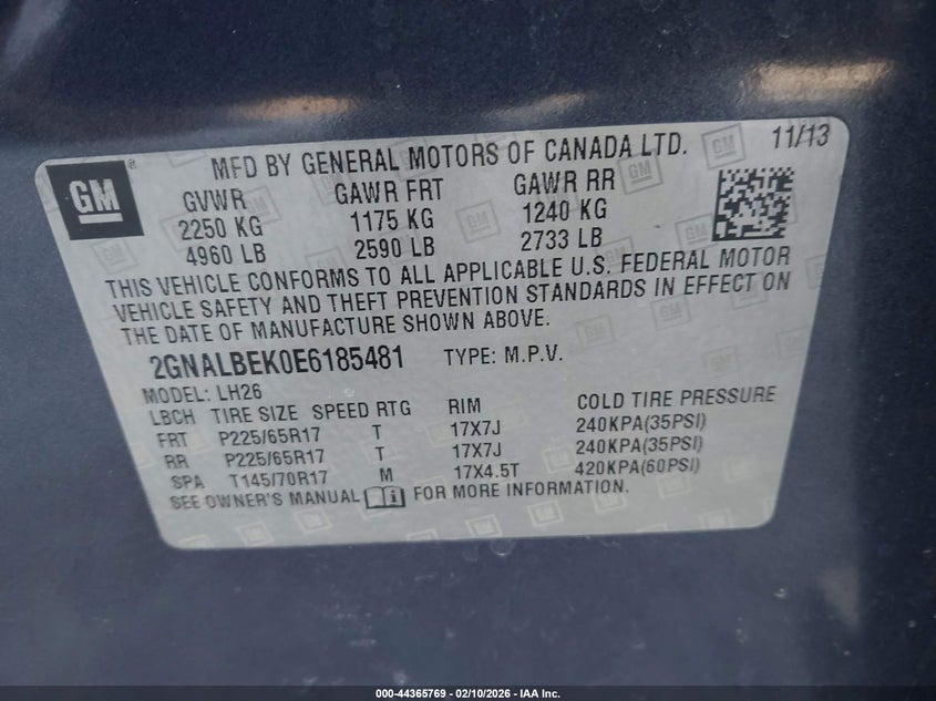 2014 Chevrolet Equinox 1Lt VIN: 2GNALBEK0E6185481 Lot: 44365769