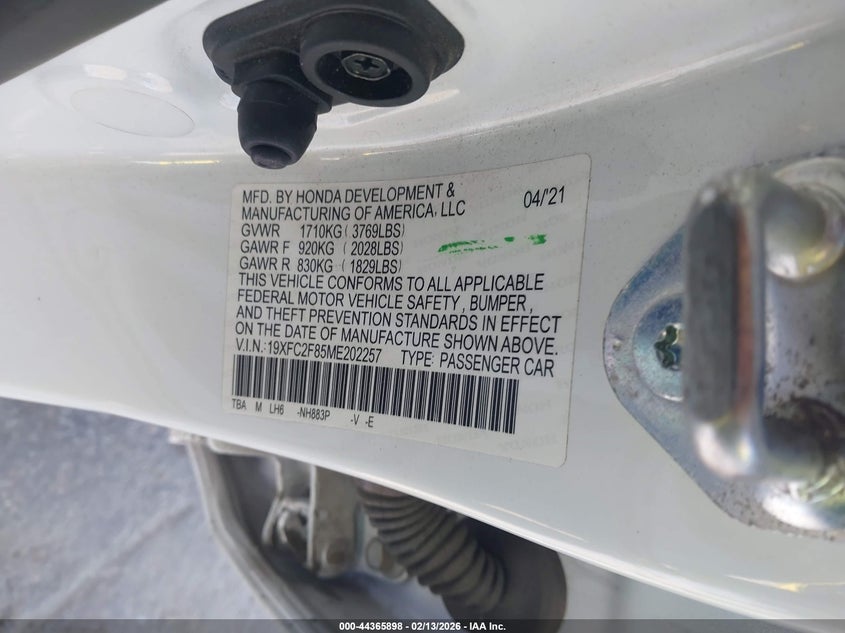 VIN 19XFC2F85ME202257 2021 HONDA CIVIC SPORT