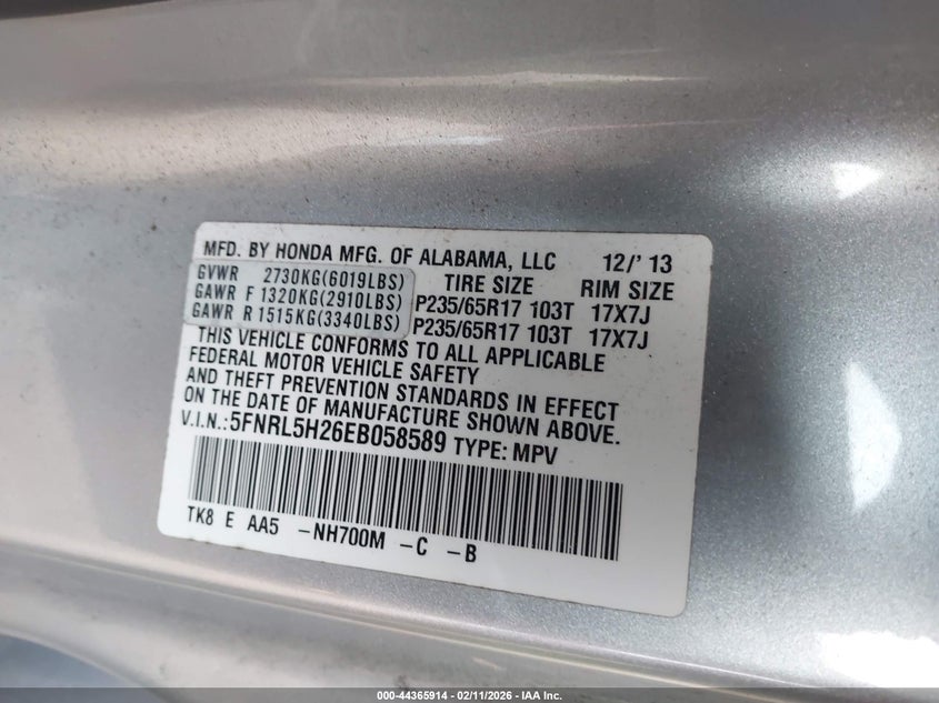 2014 Honda Odyssey Lx VIN: 5FNRL5H26EB058589 Lot: 44365914