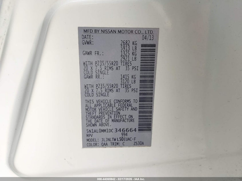 2013 Infiniti Jx35 VIN: 5N1AL0MM1DC346664 Lot: 44365942