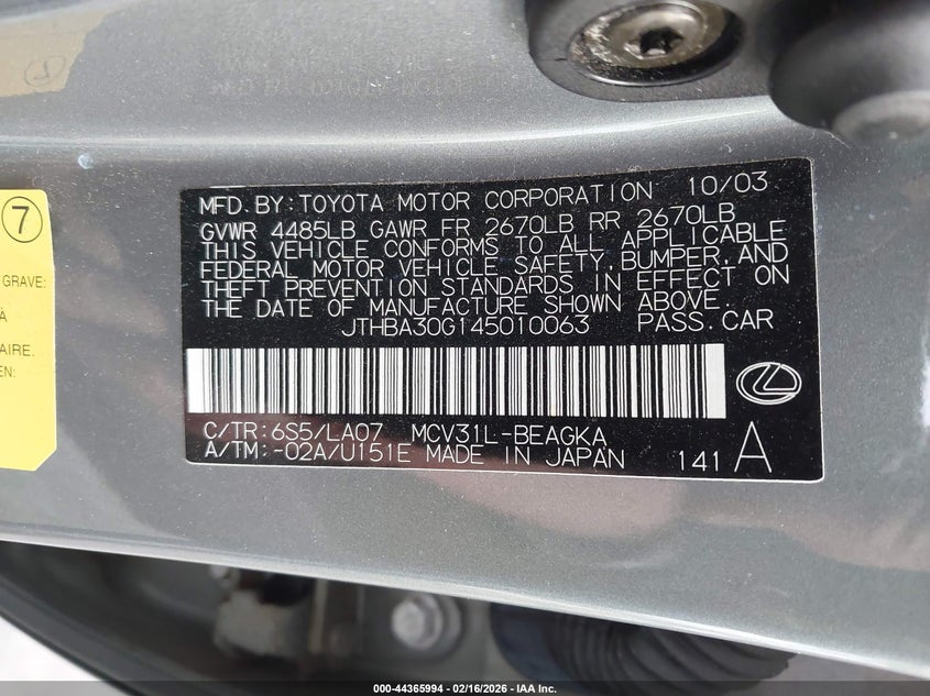 2004 LEXUS ES SEDAN 3.3L V-6 DOHC, VVT, 225HP