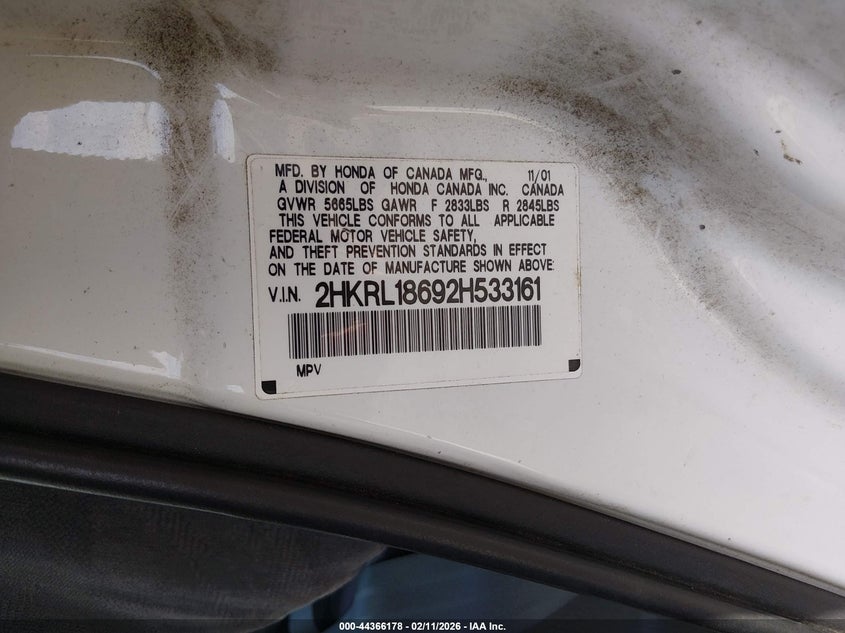 2002 Honda Odyssey Ex VIN: 2HKRL18692H533161 Lot: 44366178