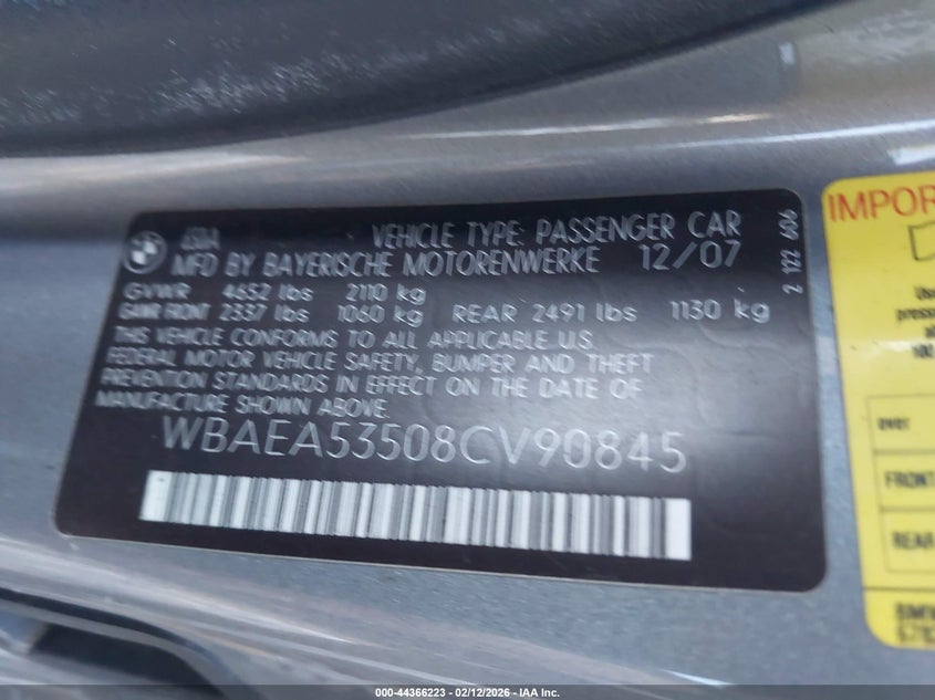 2008 BMW 650I VIN: WBAEA53508CV90845 Lot: 44366223
