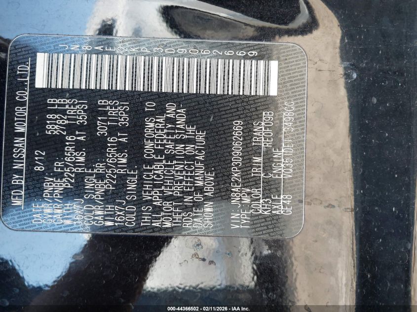 2013 Nissan Quest Sv VIN: JN8AE2KP3D9062669 Lot: 44366502