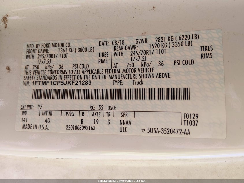 VIN 1FTMF1CP5JKF21283 2018 FORD F-150 XL