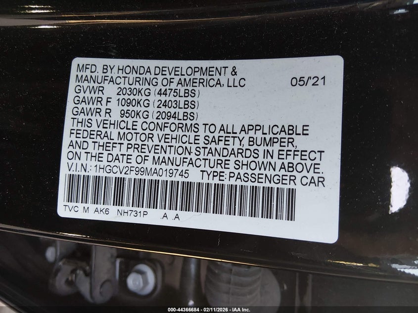 2021 Honda Accord Touring VIN: 1HGCV2F99MA019745 Lot: 44366684