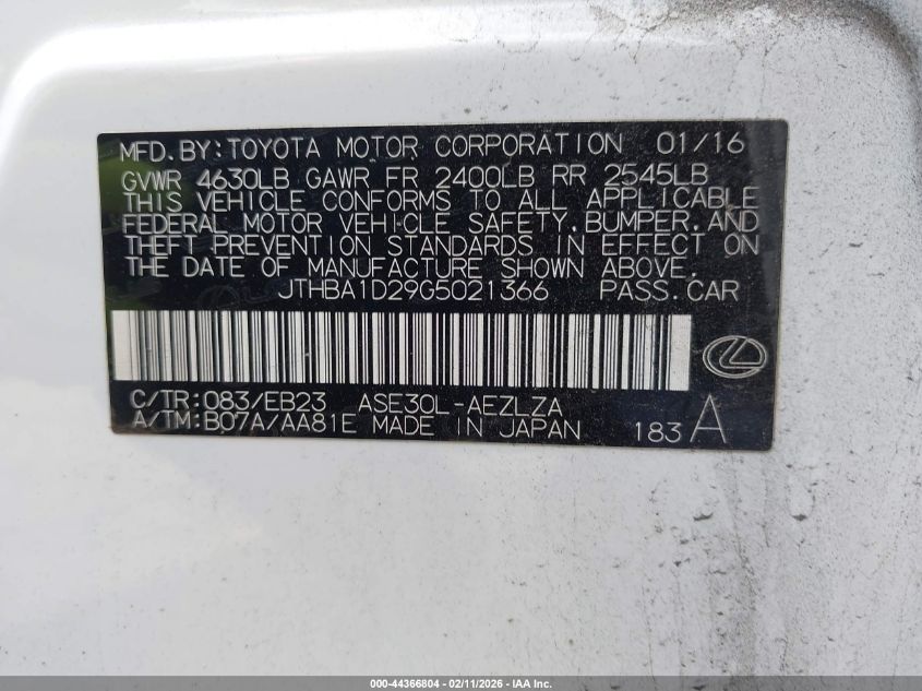 2016 Lexus Is 200T VIN: JTHBA1D29G5021366 Lot: 44366804