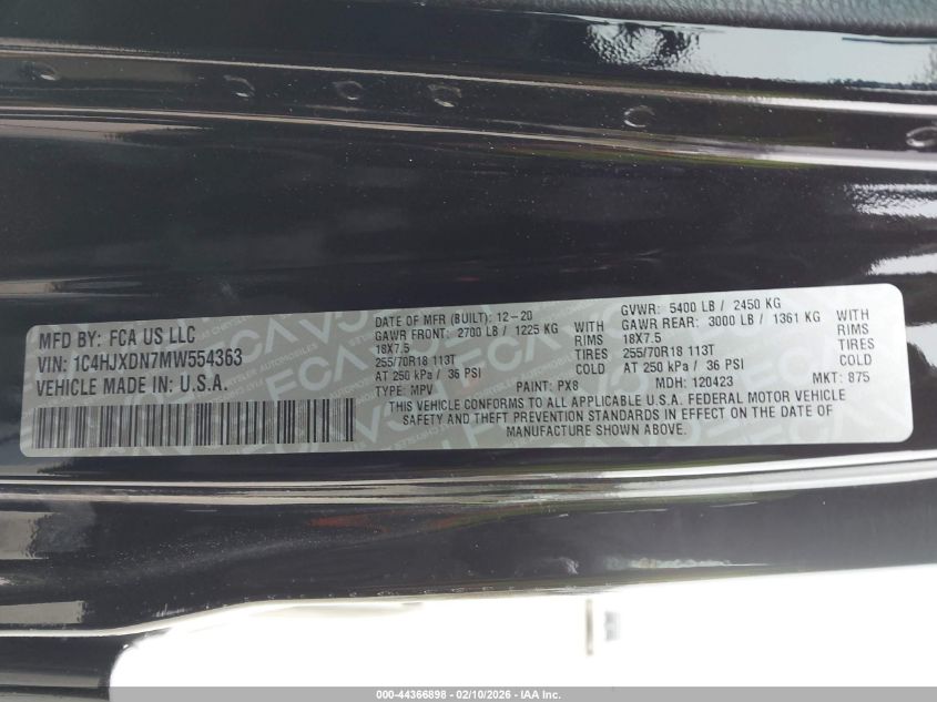 2021 Jeep Wrangler Unlimited Sport Altitude 4X4 VIN: 1C4HJXDN7MW554363 Lot: 44366898