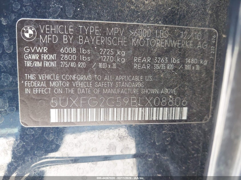 2011 BMW X6 xDrive35I VIN: 5UXFG2C59BLX08806 Lot: 44367020