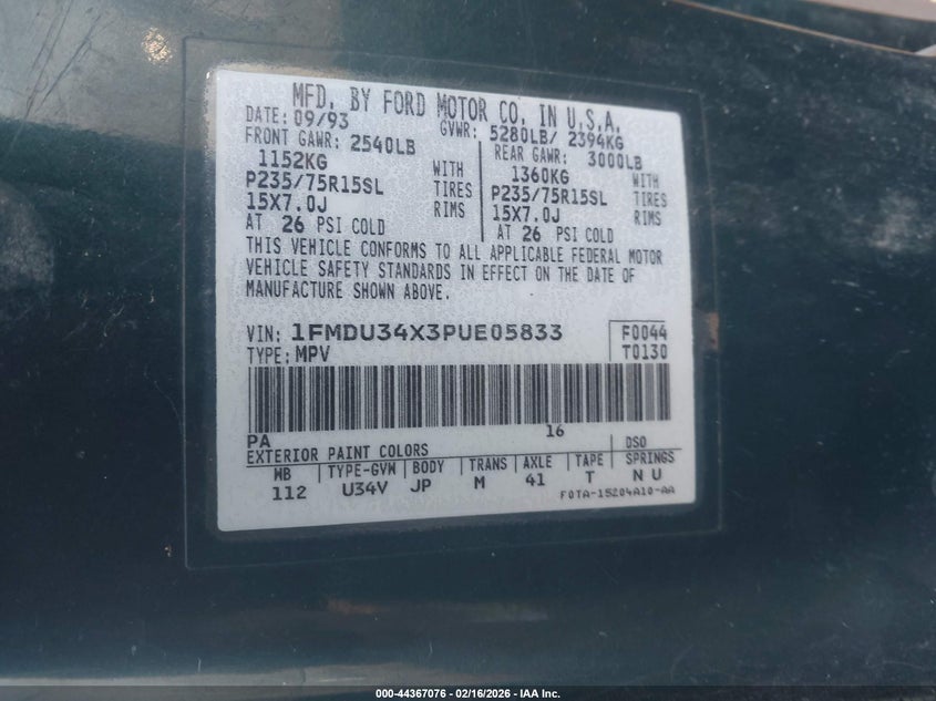 1993 Ford Explorer VIN: 1FMDU34X3PUEO5833 Lot: 44367076