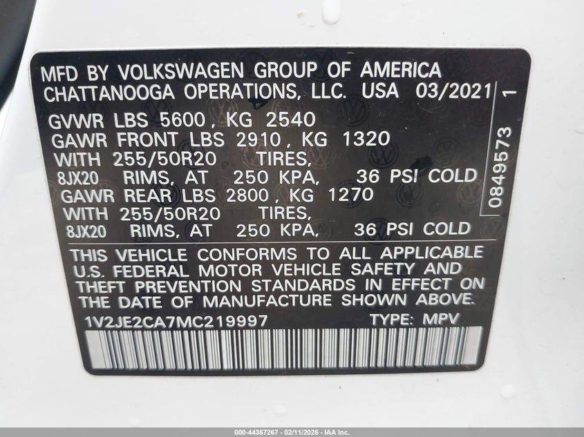 2021 Volkswagen Atlas Cross Sport 3.6L V6 Se W/Technology VIN: 1V2JE2CA7MC219997 Lot: 44367267