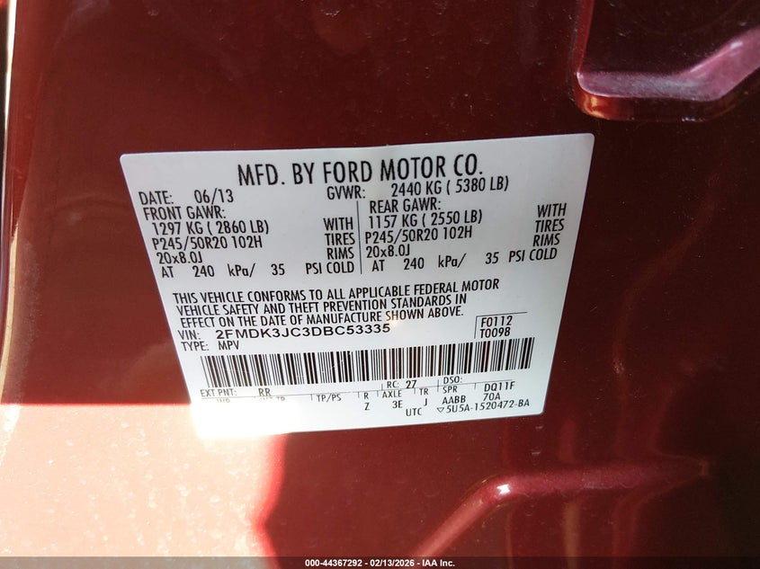 2013 Ford Edge Sel VIN: 2FMDK3JC3DBC53335 Lot: 44367292