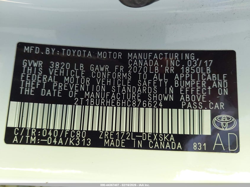 VIN 2T1BURHE6HC876624 2017 TOYOTA COROLLA SE