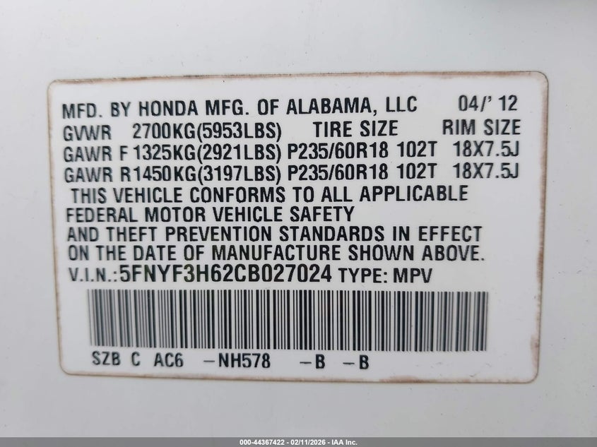 2012 Honda Pilot 3.5 Ex-L white Lot 111044367422 Vin 5FNYF3H62CB027024