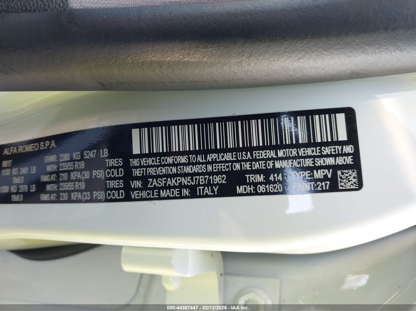2018 Alfa Romeo Stelvio Sport Awd VIN: ZASFAKPN5J7B71962 Lot: 44367447