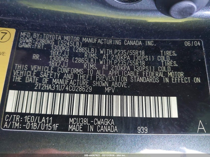 2004 Lexus Rx 330 VIN: 2T2HA31U74C028629 Lot: 44367621