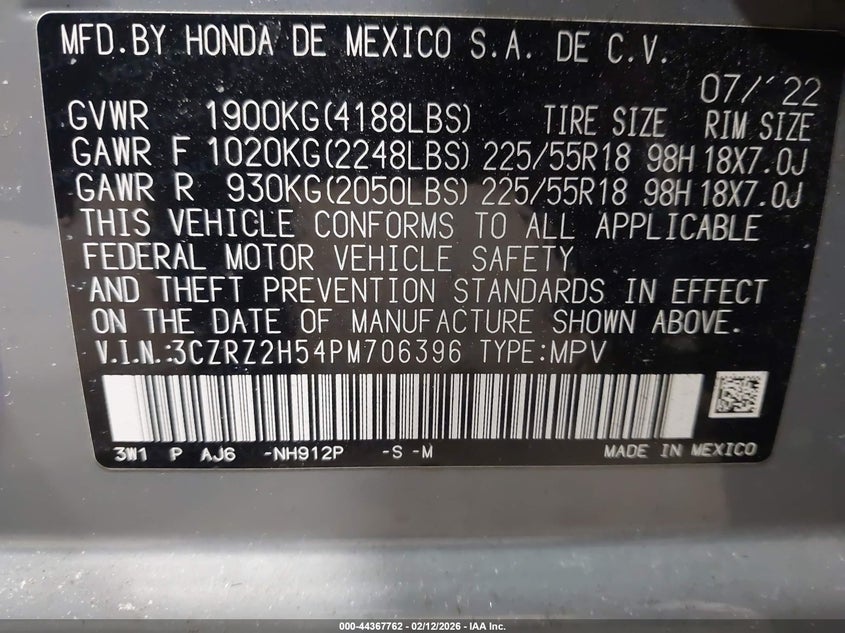2023 Honda Hr-V Awd Sport VIN: 3CZRZ2H54PM706396 Lot: 44367762