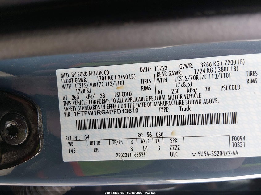 VIN 1FTFW1RG4PFD13610 2023 FORD F-150 RAPTOR