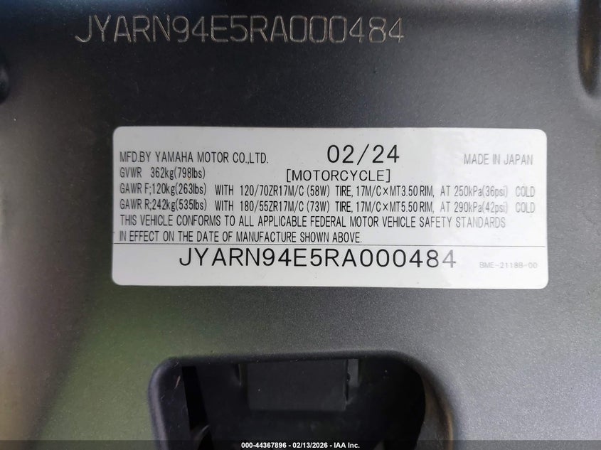 2024 Yamaha Mt09 VIN: JYARN94E5RA000484 Lot: 44367896
