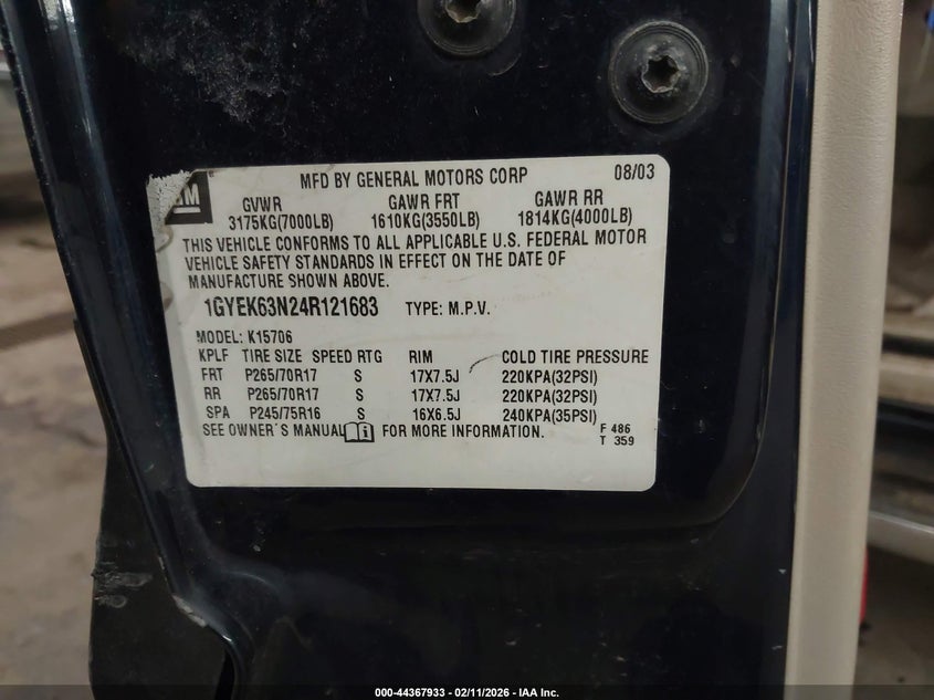 2004 Cadillac Escalade Standard VIN: 1GYEK63N24R121683 Lot: 44367933