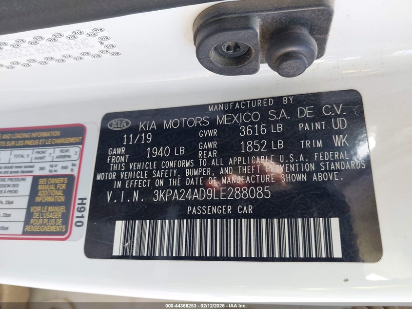 2020 Kia Rio Lx VIN: 3KPA24AD9LE288085 Lot: 44368253