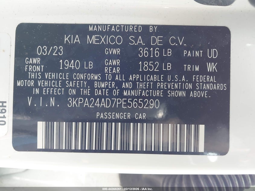 2023 Kia Rio S VIN: 3KPA24AD7PE565290 Lot: 44368261
