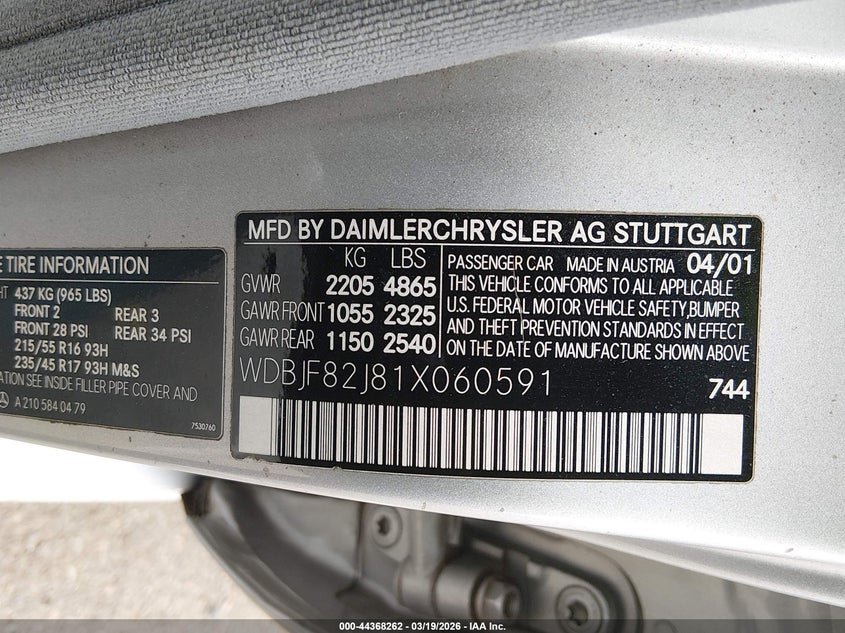 2001 Mercedes-Benz E 320 4M VIN: WDBJF82J81X060591 Lot: 44368262