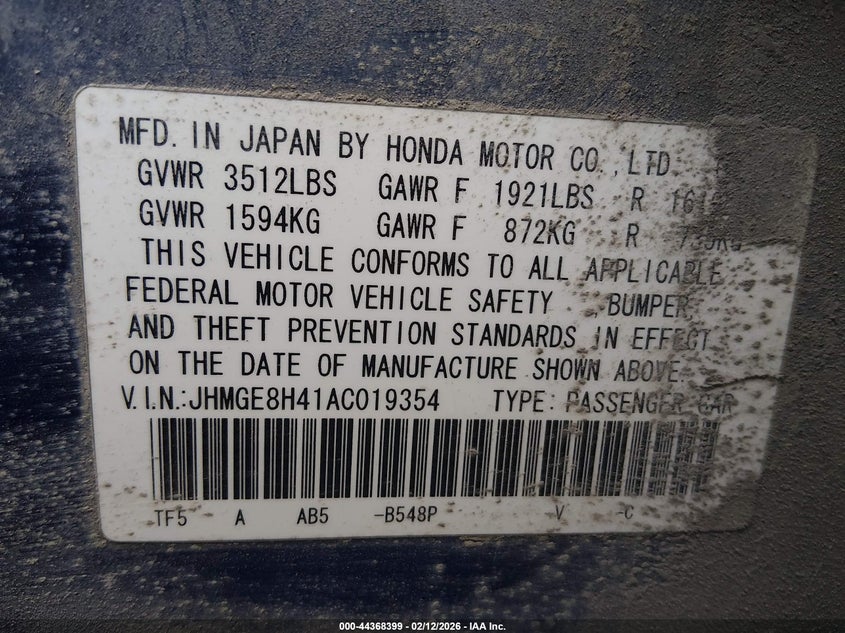 2010 Honda Fit Sport VIN: JHMGE8H41AC019354 Lot: 44368399