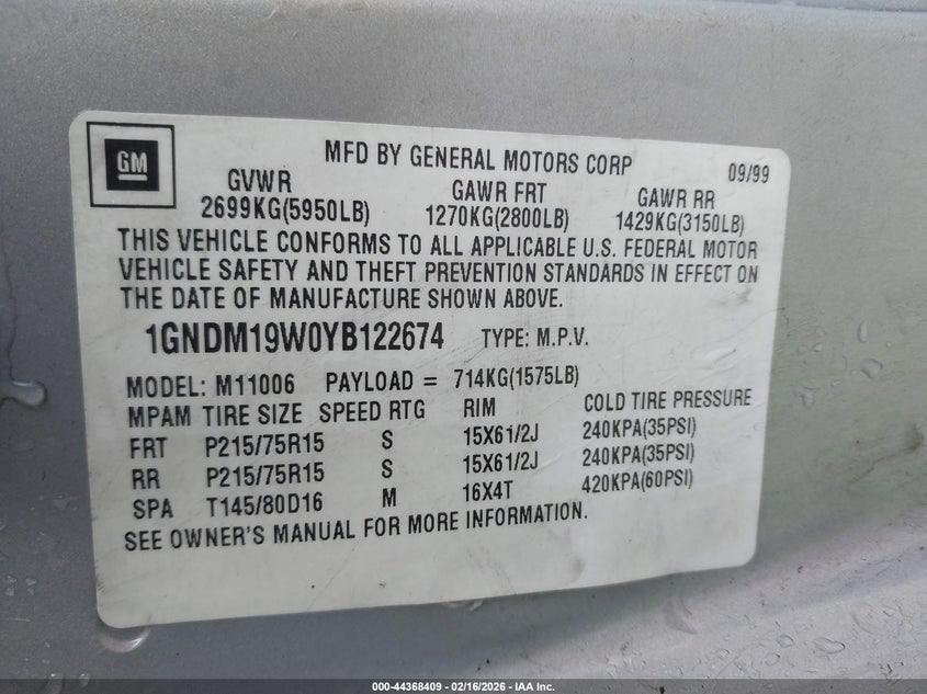 2000 Chevrolet Astro VIN: 1GNDM19W0YB122674 Lot: 44368409