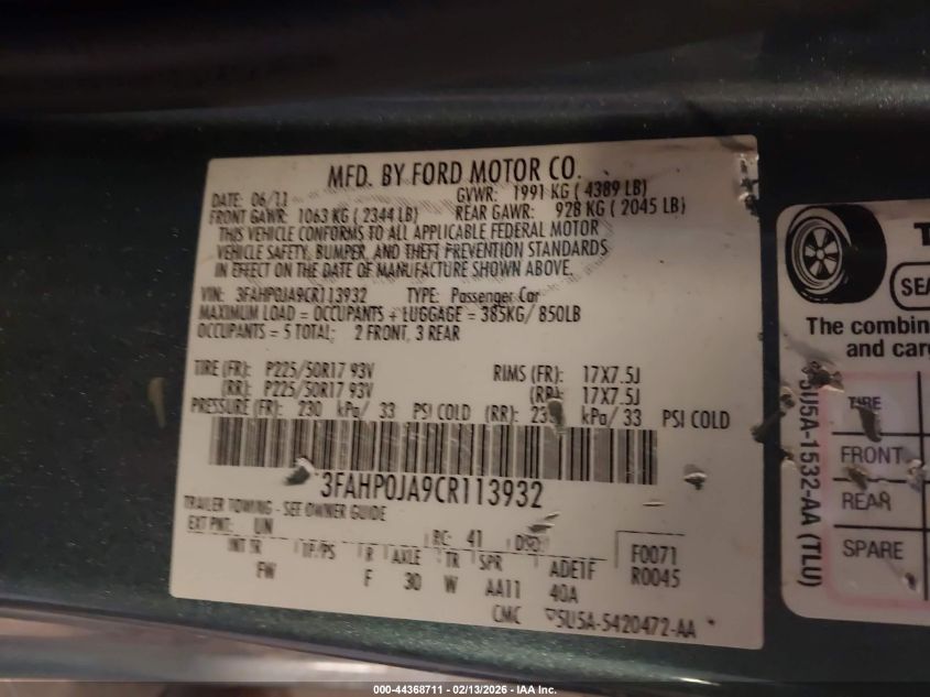 2012 Ford Fusion Sel VIN: 3FAHP0JA9CR113932 Lot: 44368711