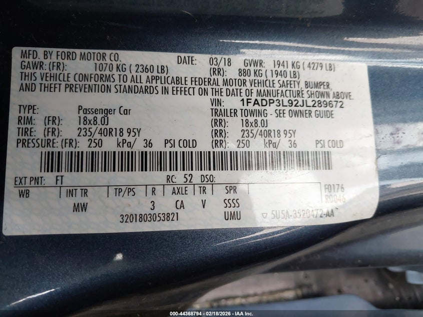 2018 Ford Focus St VIN: 1FADP3L92JL289672 Lot: 44368794