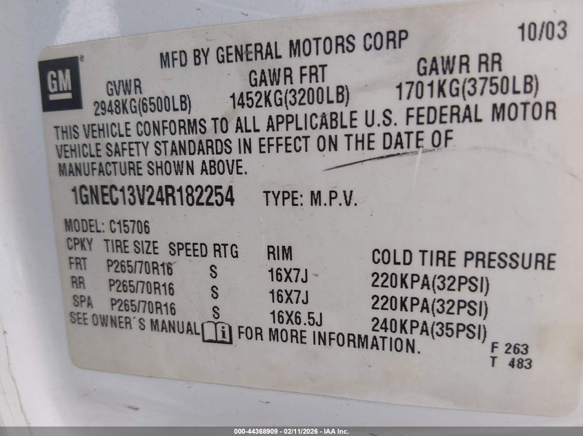 2004 Chevrolet Tahoe Ls VIN: 1GNEC13V24R182254 Lot: 44368909