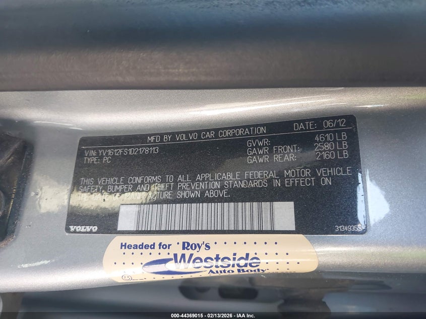 2013 Volvo S60 T5/T5 Platinum/T5 Premier/T5 Premier Plus VIN: YV1612FS1D2178113 Lot: 44369015