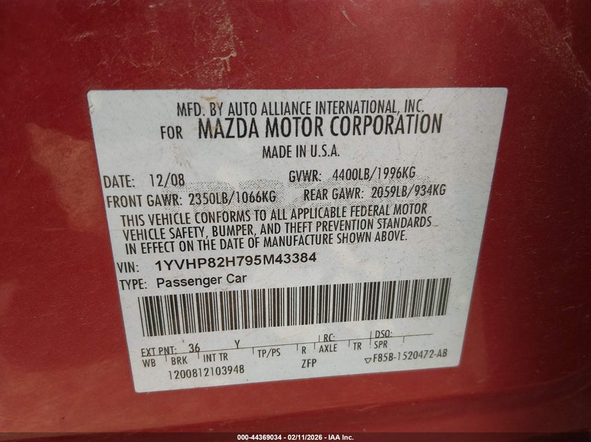 2009 Mazda Mazda6 I Touring VIN: 1YVHP82H795M43384 Lot: 44369034