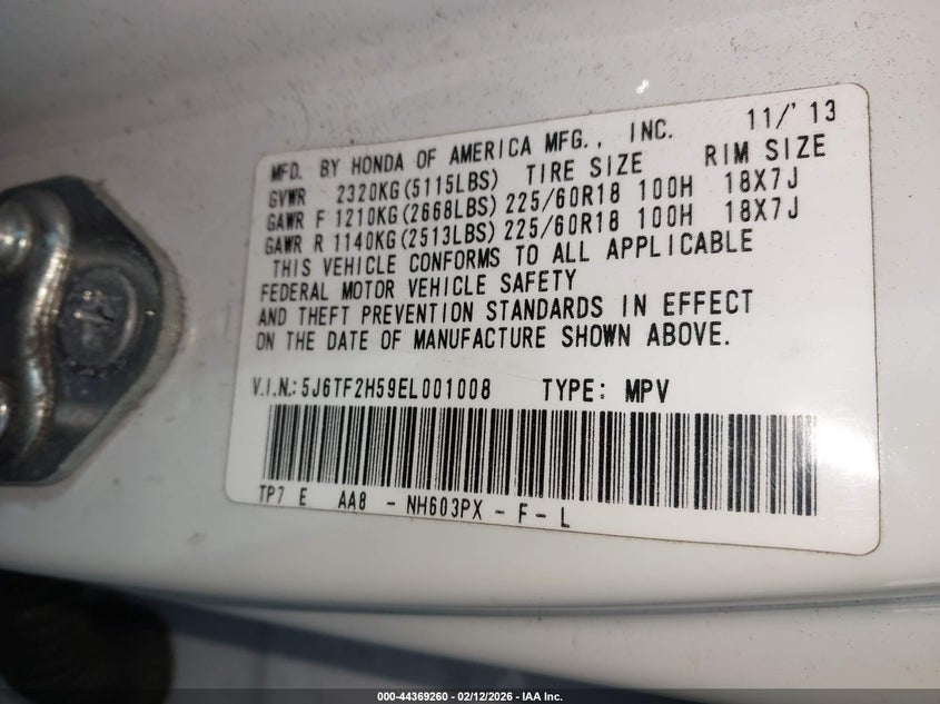 2014 Honda Crosstour Ex-L V6 VIN: 5J6TF2H59EL001008 Lot: 44369260