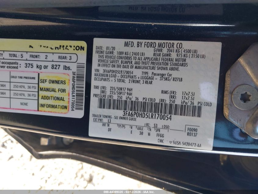 2020 Ford Fusion Se VIN: 3FA6P0HD5LR170054 Lot: 44369320