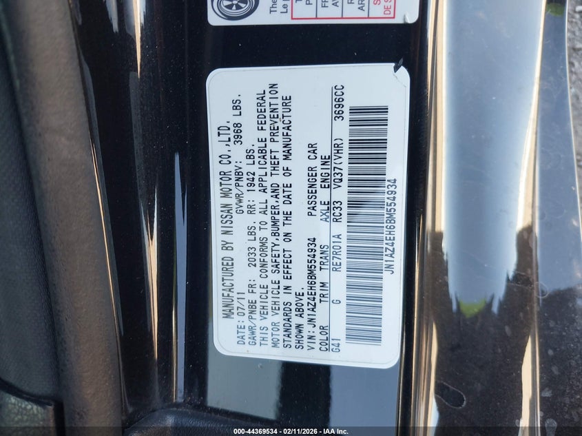 2011 Nissan 370Z VIN: JN1AZ4EH6BM554934 Lot: 44369534