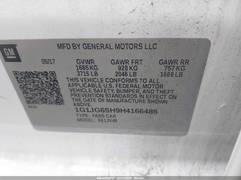 2017 Chevrolet Sonic Lt Auto VIN: 1G1JG6SH9H4166486 Lot: 44369707